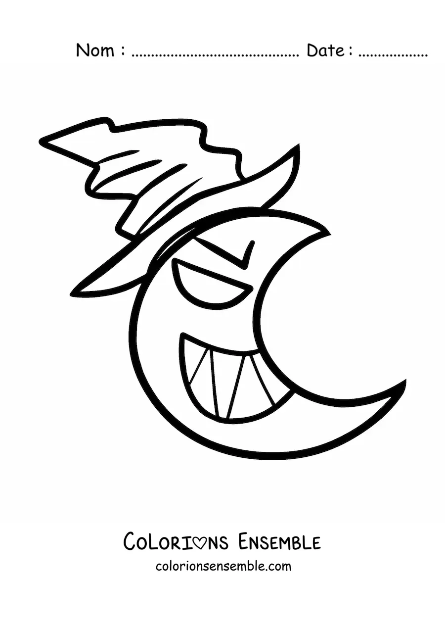 Image à colorier d'une Lune animée avec un chapeau de sorcière