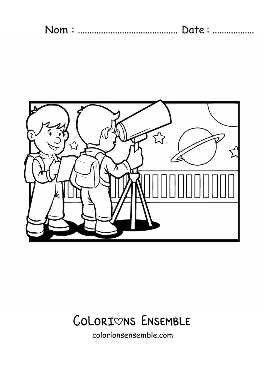 Image à colorier de deux enfants avec un télescope