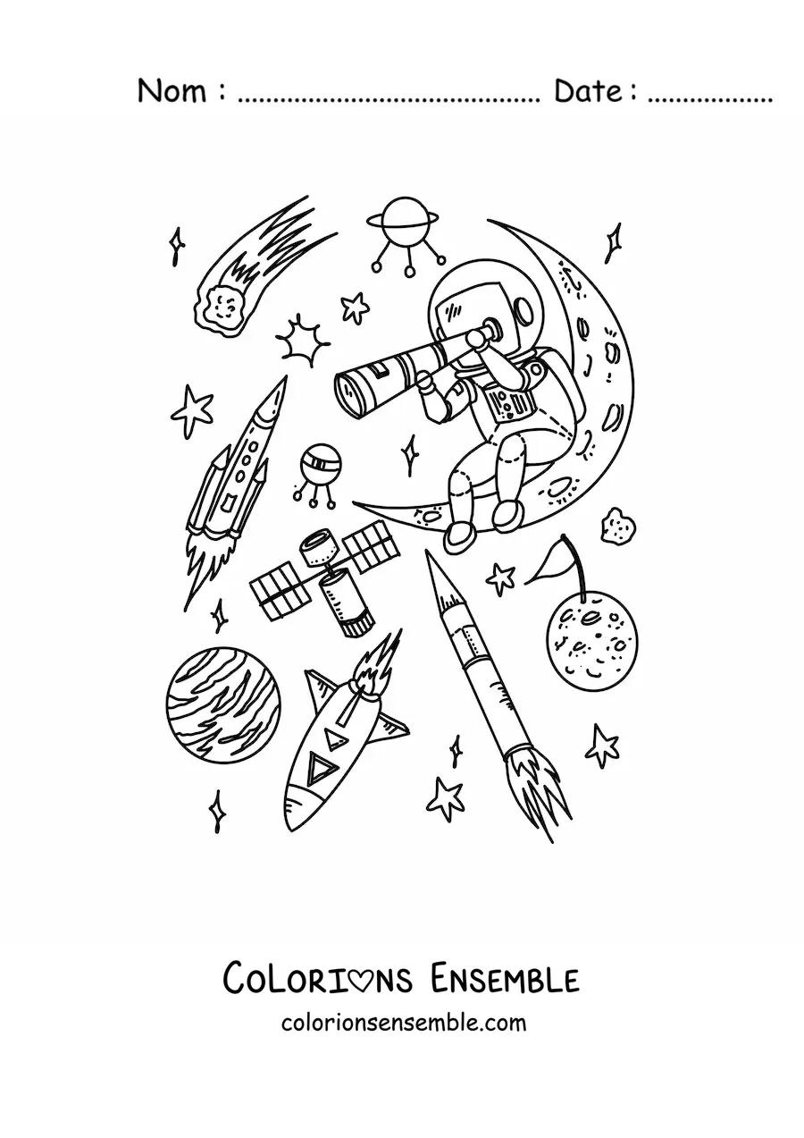 Image à colorier d'un astronaute avec un télescope dans l'espace