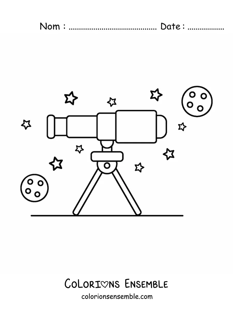 Image à colorier d'un télescope et d'étoiles dans le ciel