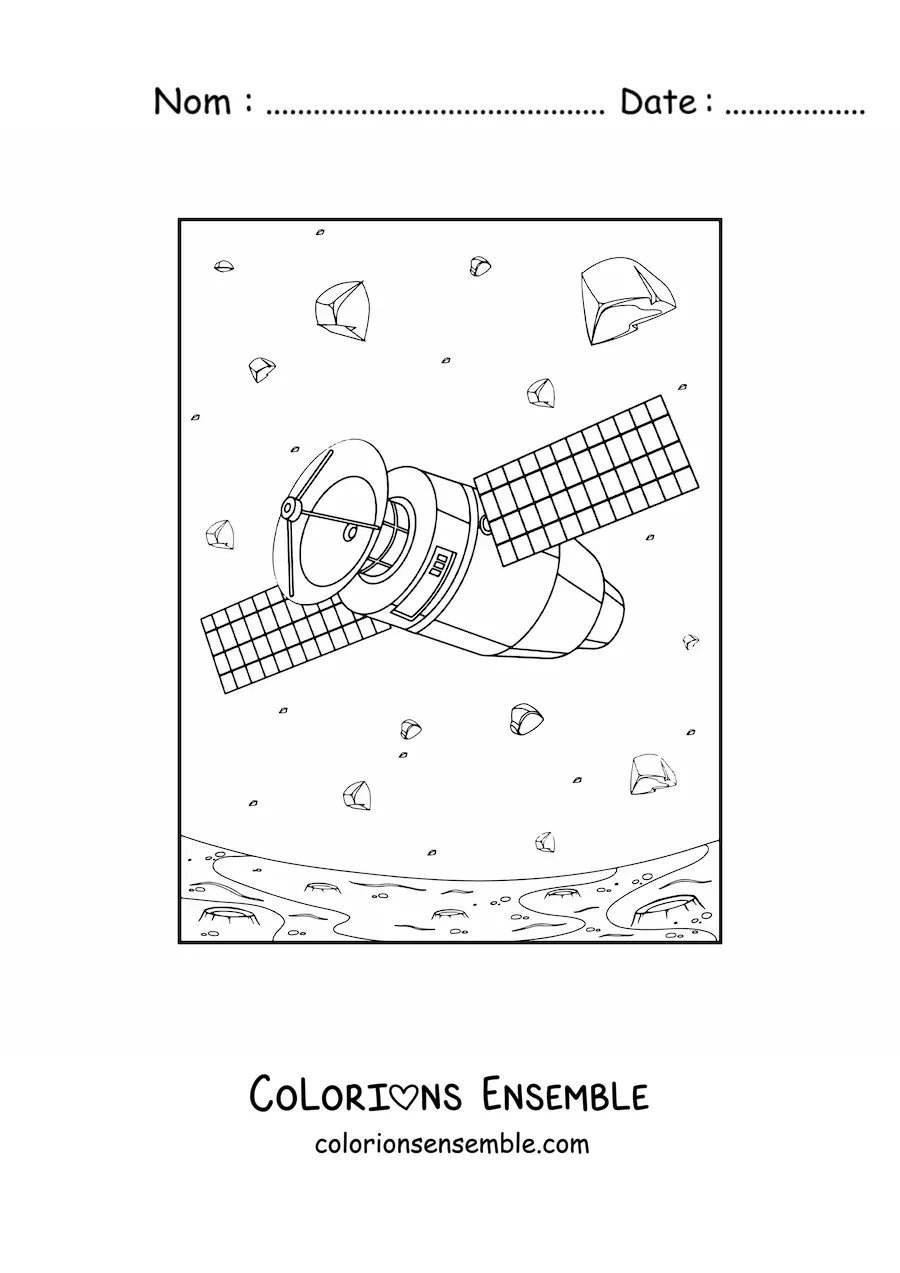 Image à colorier d'un satellite parmi des astéroïdes