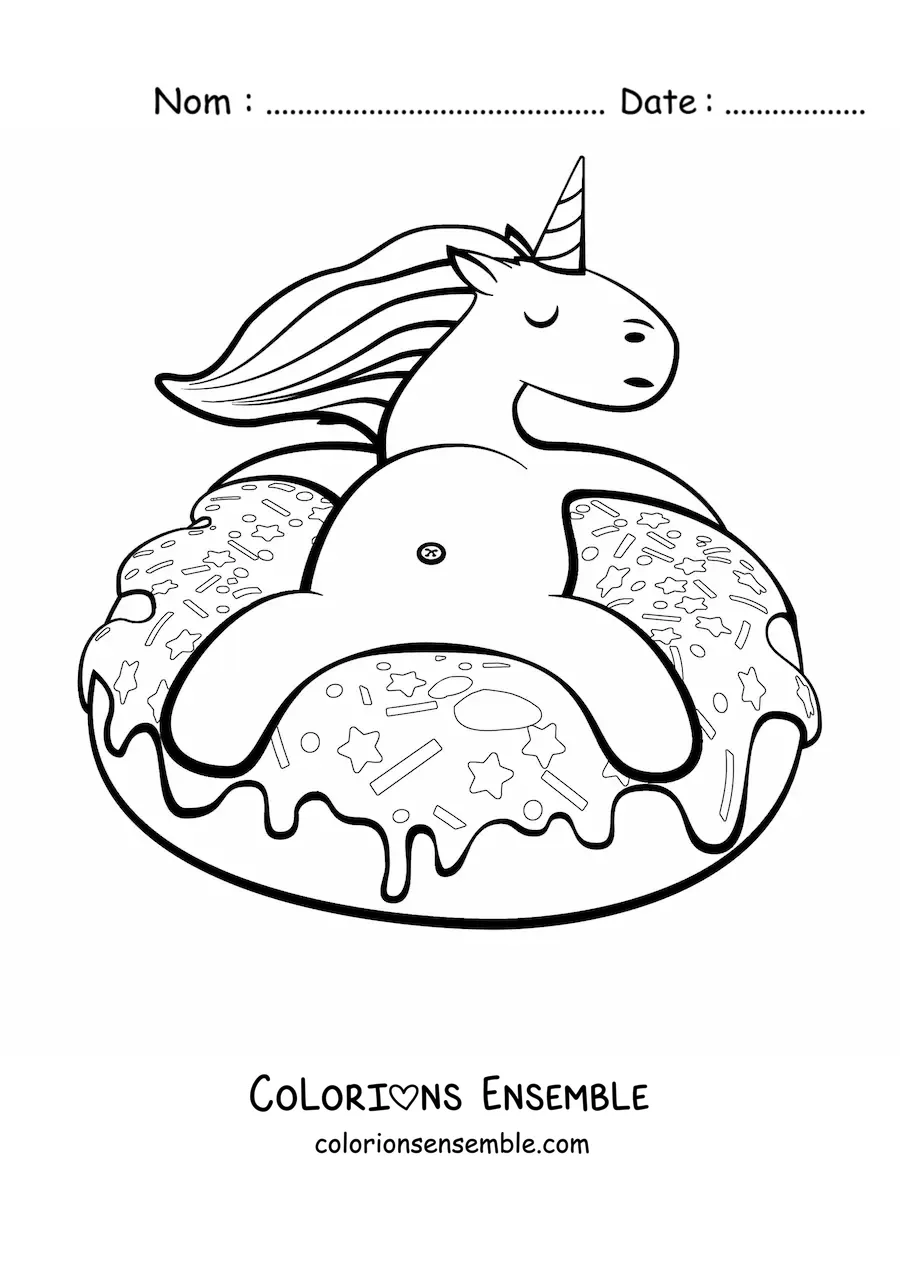 Image à colorier d’une licorne en dessin animé assise sur un donut