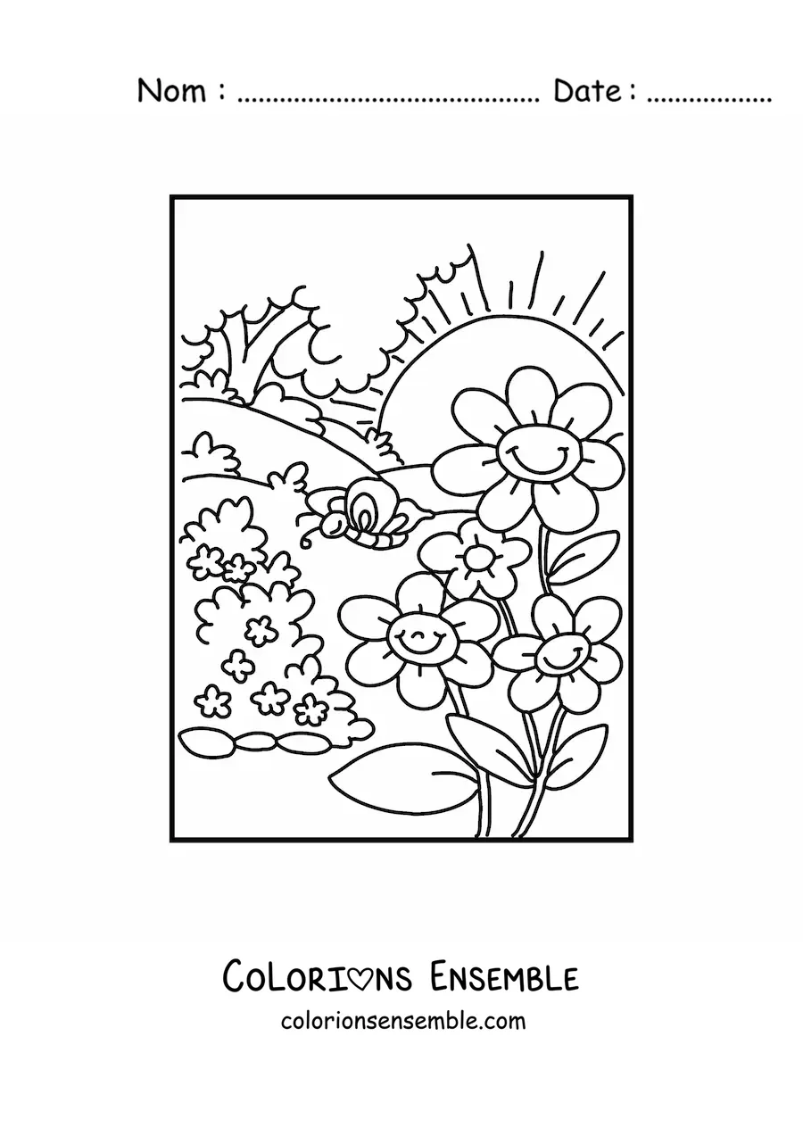 Image à colorier d'un paysage de printemps