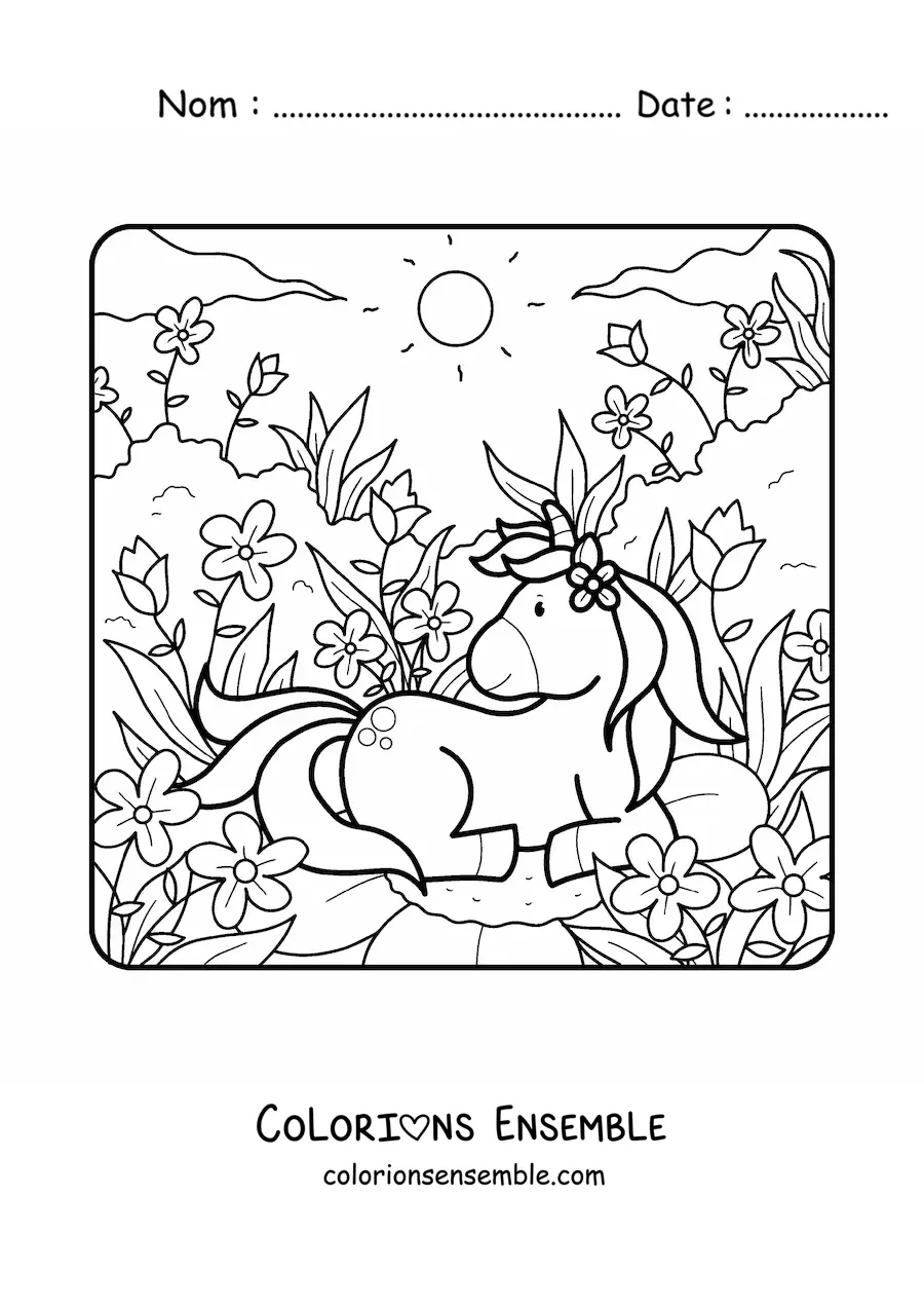 Image à colorier d'une licorne kawaii au printemps