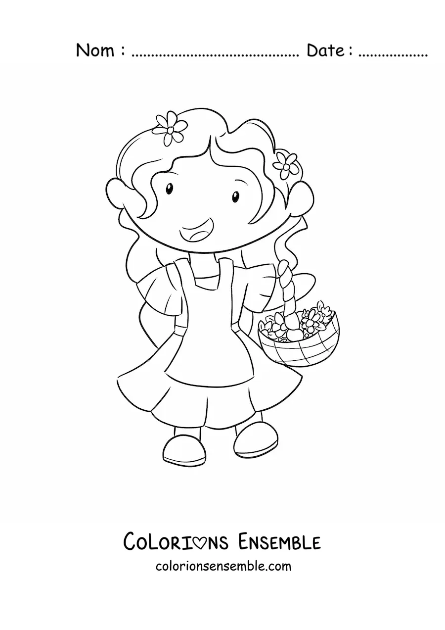 Image à colorier d'une petite fille avec des fleurs de printemps