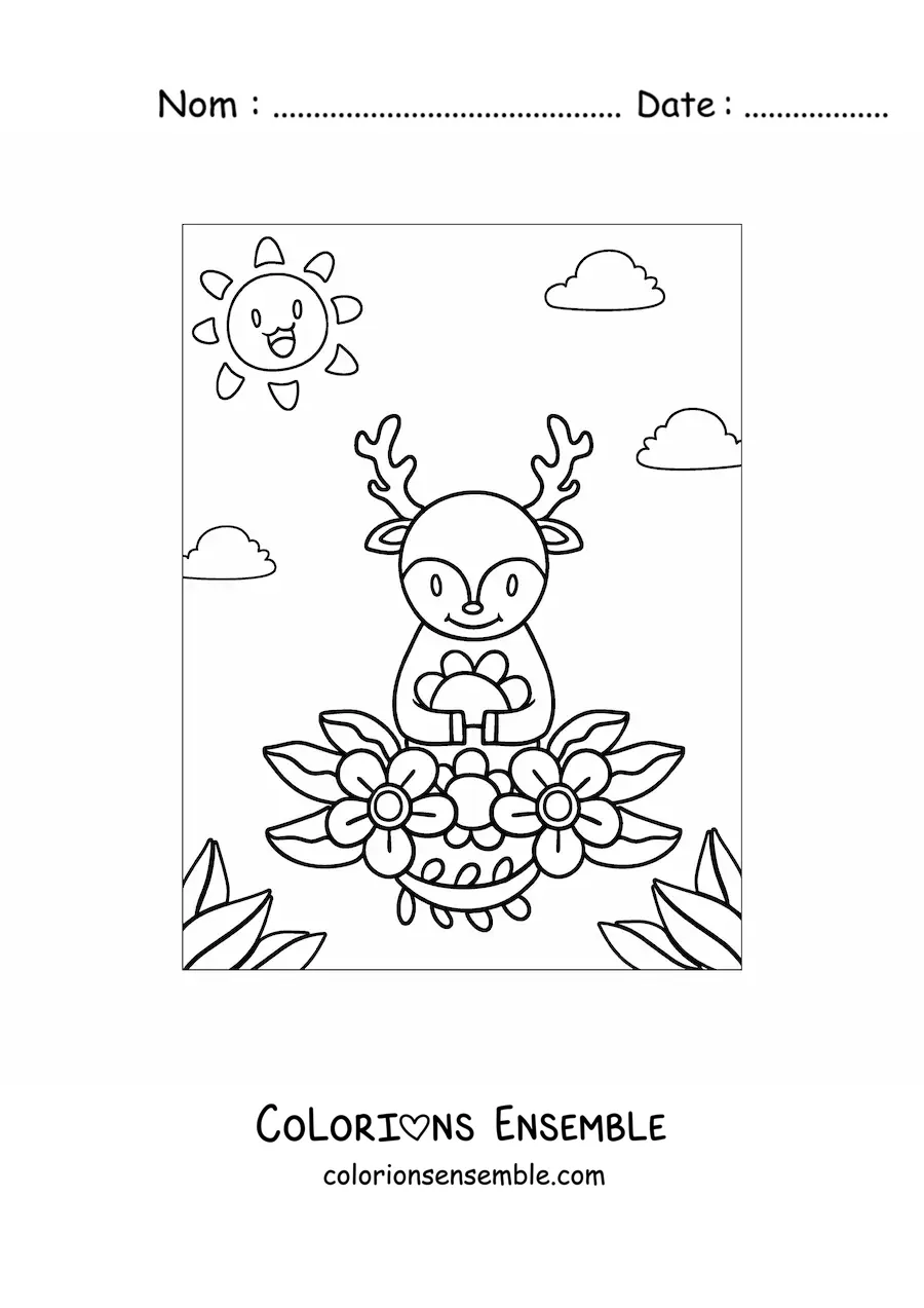 Image à colorier d'un cerf kawaii au printemps