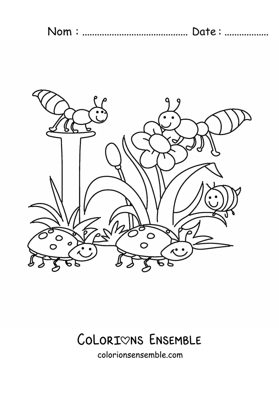 Image à colorier de plusieurs insectes et fleurs de printemps