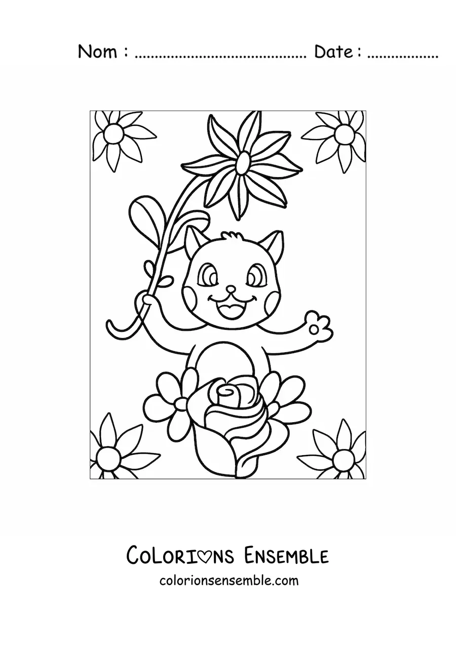 Image à colorier d'un chat animé avec des fleurs de printemps