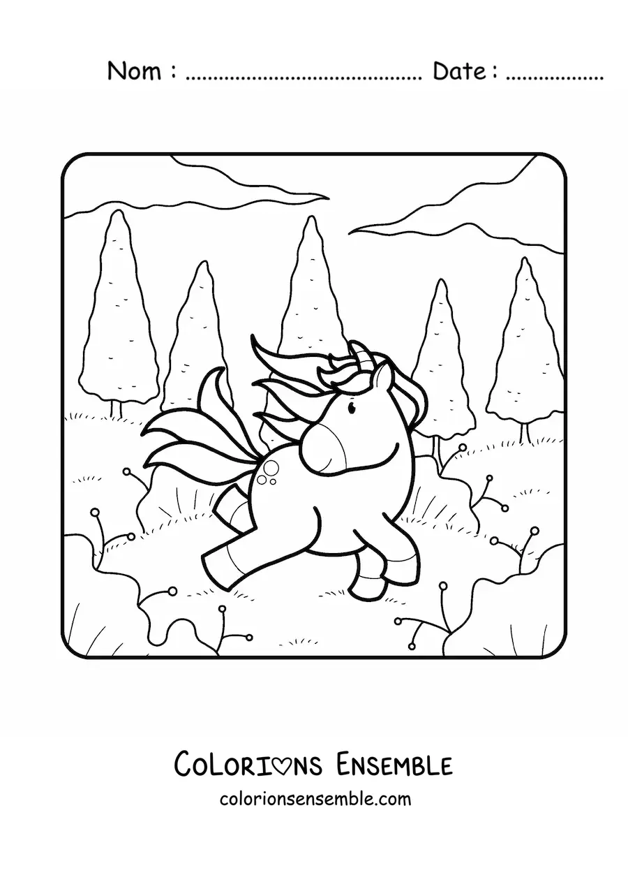 Coloriage d'une licorne rigolote dans la forêt