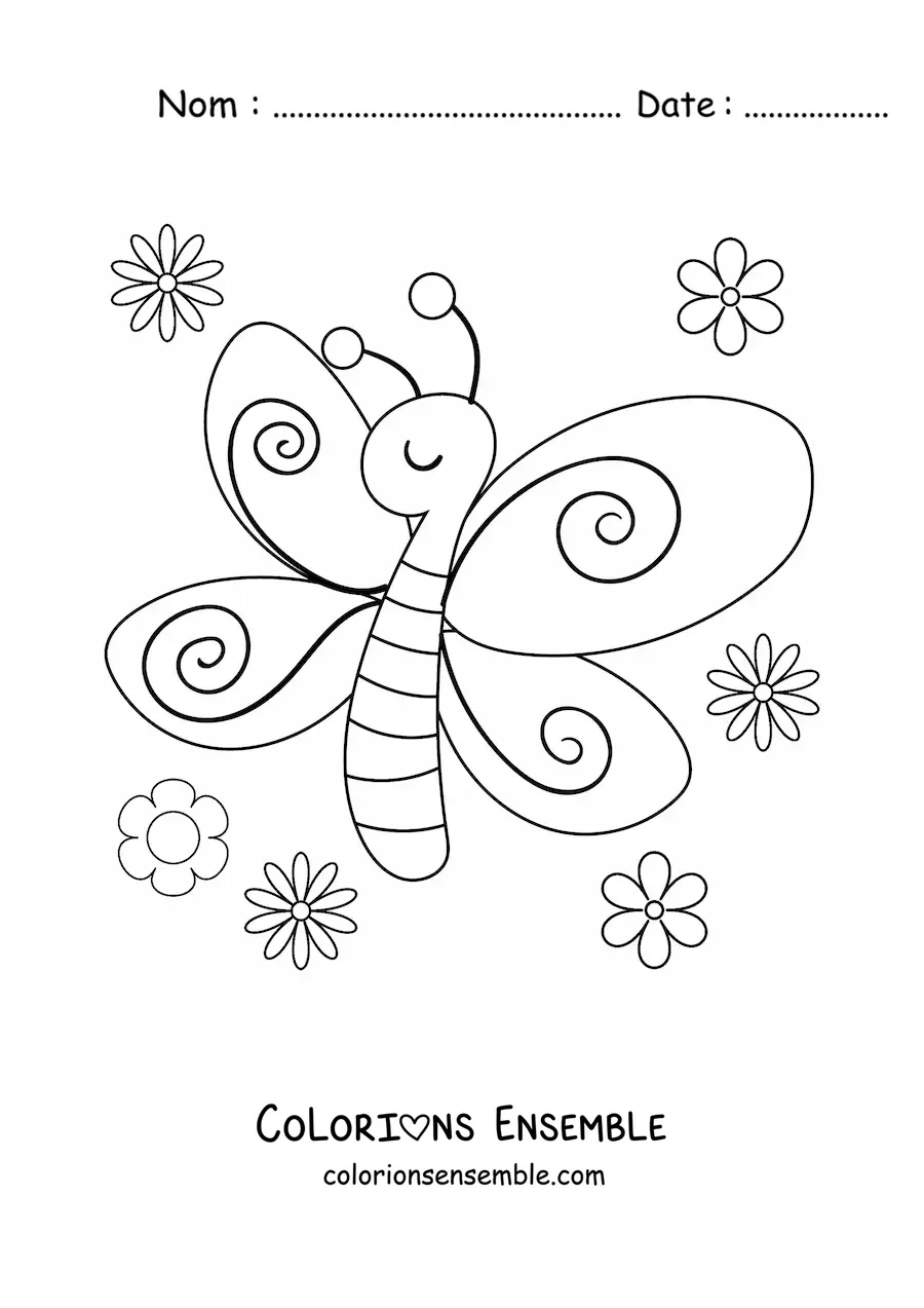 Image à colorier d'un papillon avec des fleurs de printemps