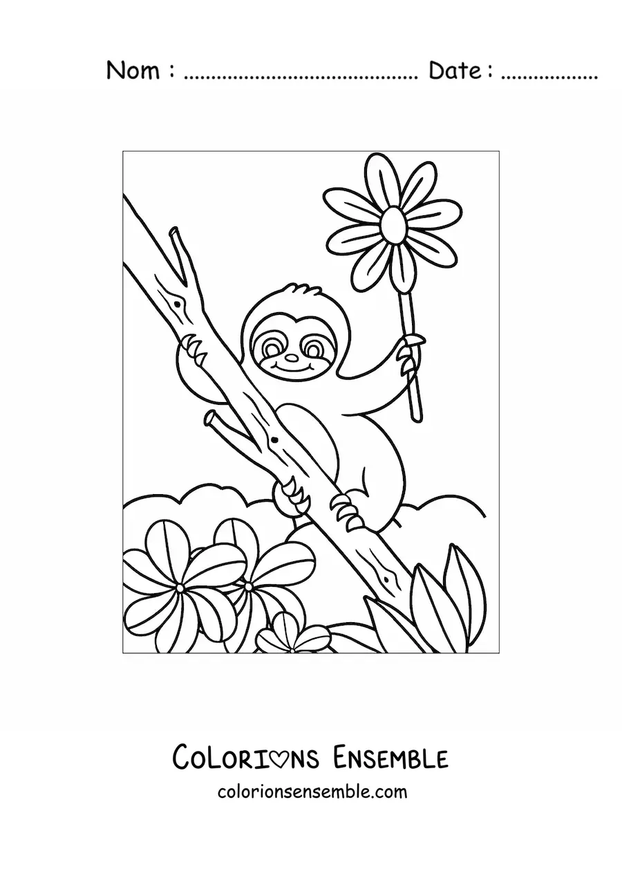Image à colorier d'un paresseux animé avec des fleurs de printemps