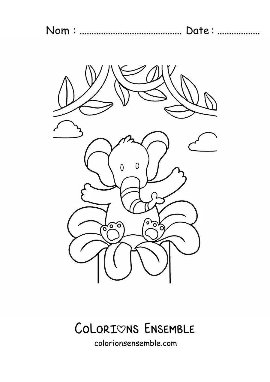 Image à colorier d'un éléphant animé avec une fleur de printemps
