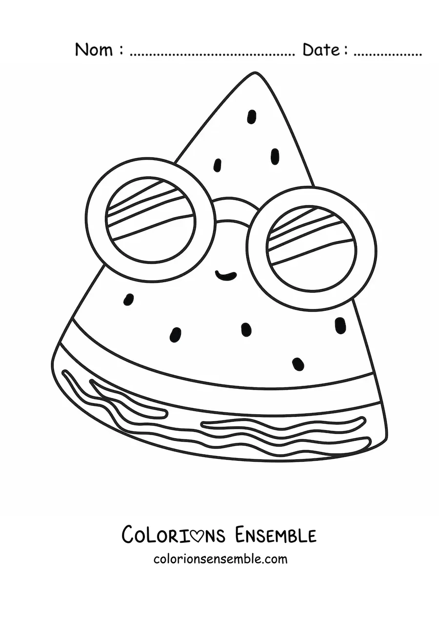 Image à colorier d’une pastèque kawaii animée avec des lunettes de soleil