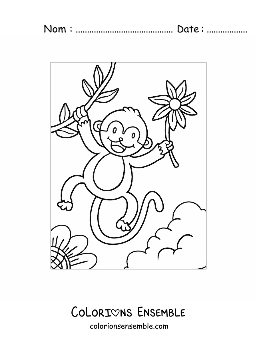 Image à colorier d'un singe animé avec des fleurs au printemps