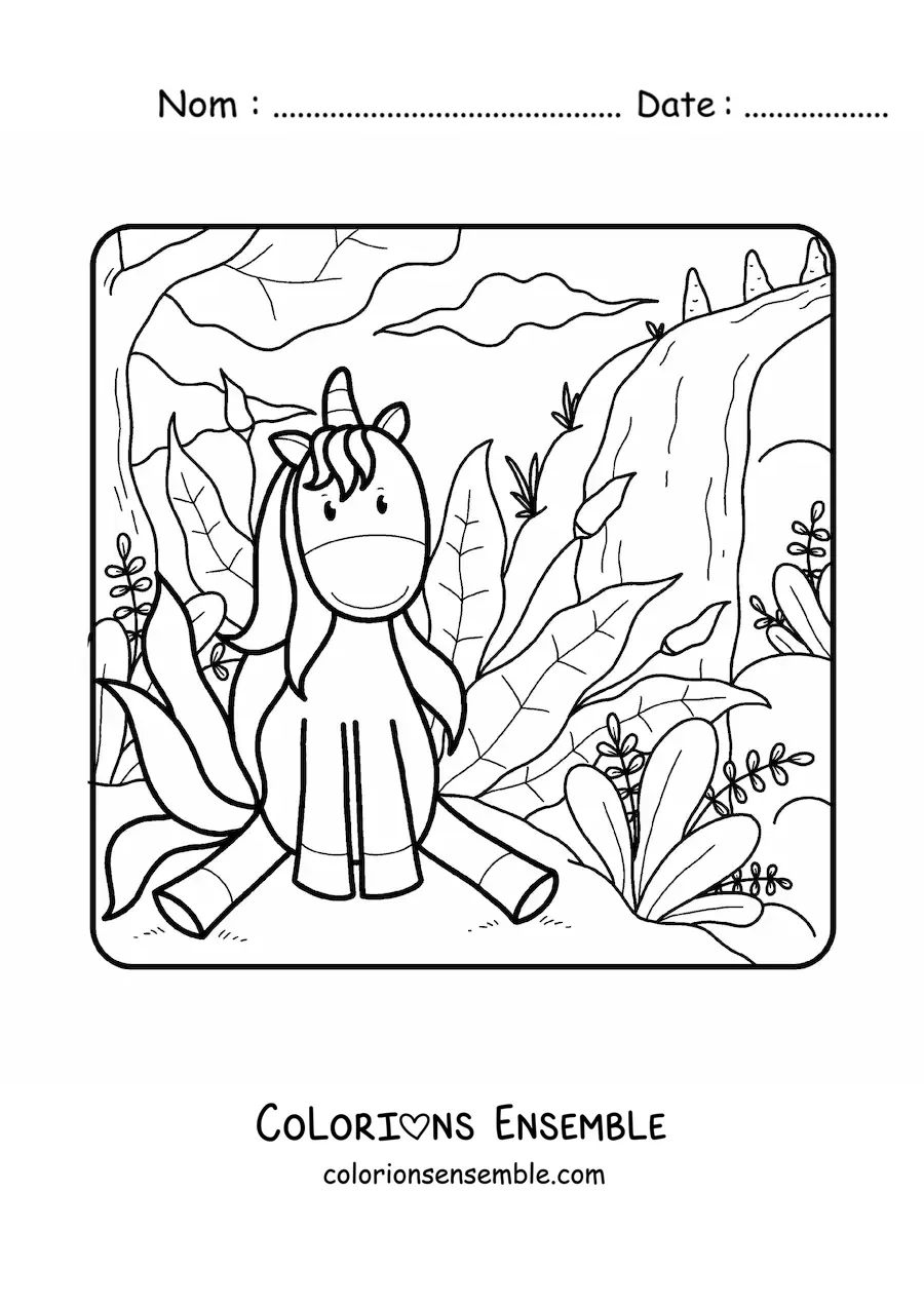 Image à colorier d'une licorne animée assise dans un champ aux airs de printemps