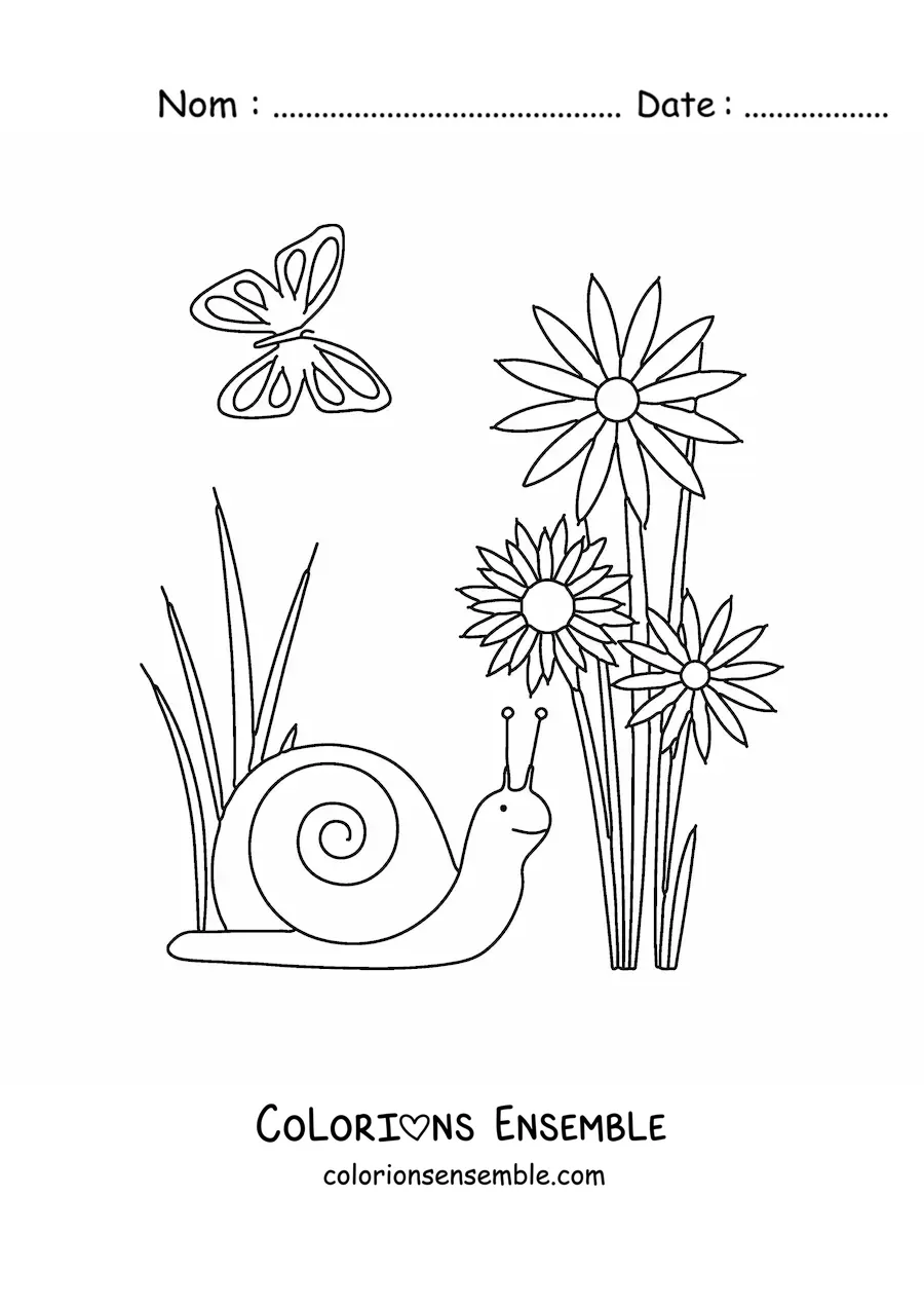 Image à colorier d'un escargot et de plusieurs fleurs au printemps