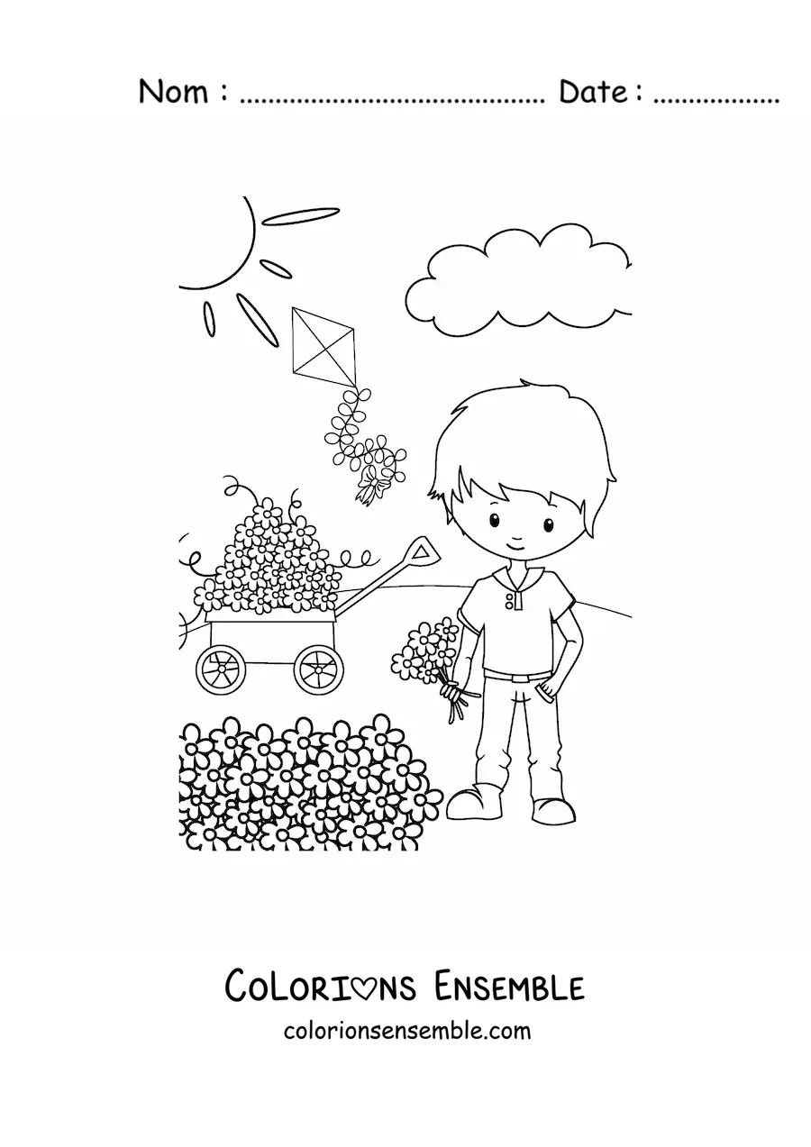 Image à colorier d'un petit garçon au printemps près d'un parterre de fleurs