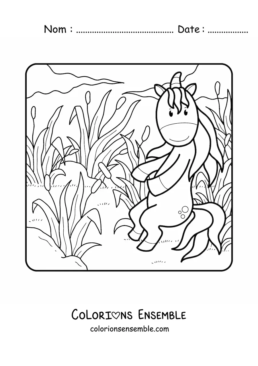 Image à colorier d'une licorne dans le champ au printemps