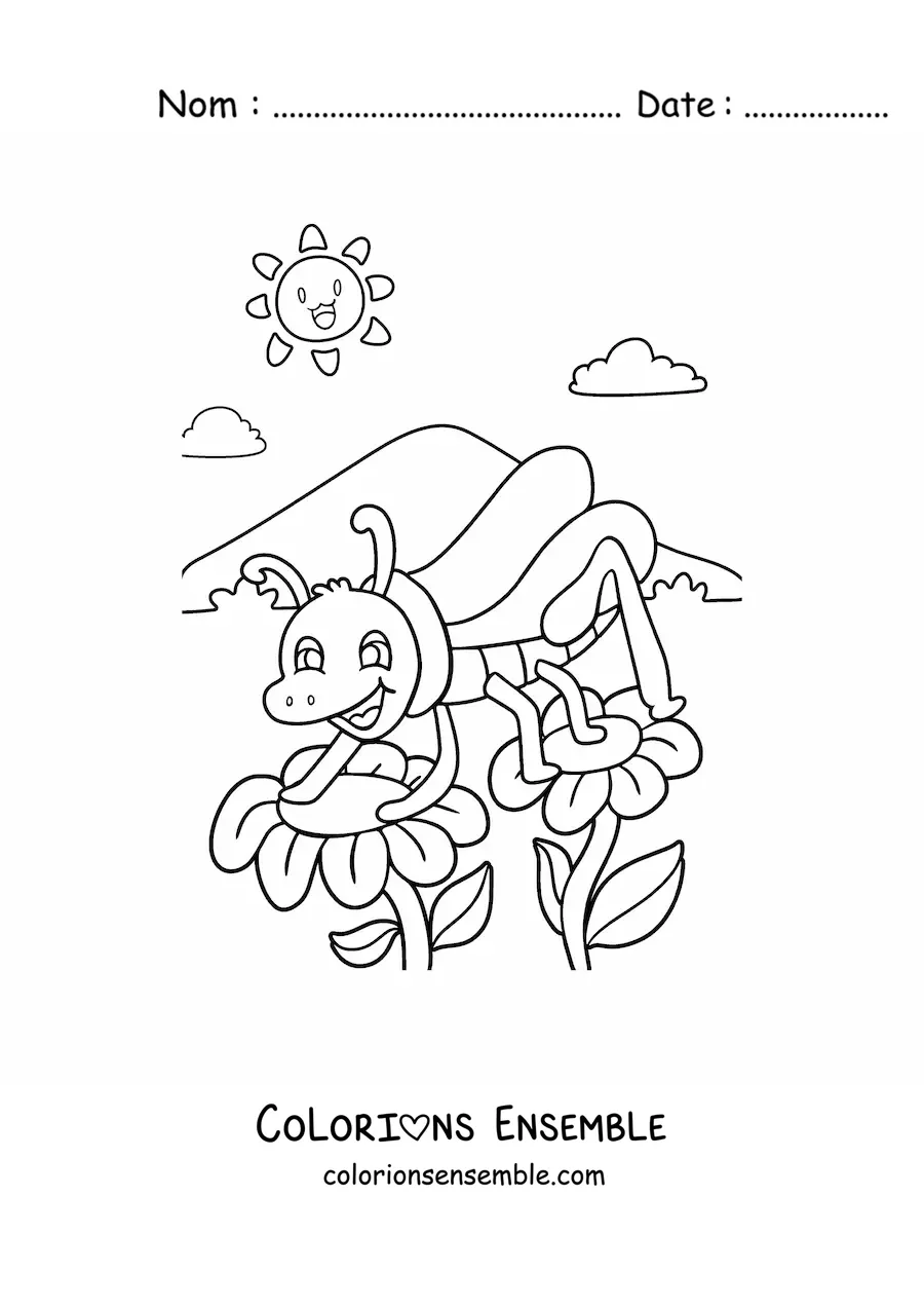 Image à colorier d'un grillon animé posant entre deux fleurs sous un ciel de printemps