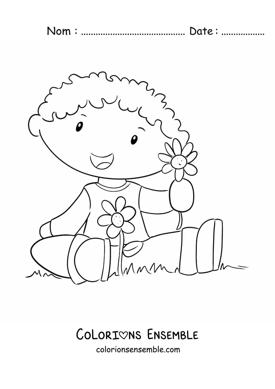 Dessin à colorier d’un petit garçon dans un champ au printemps.