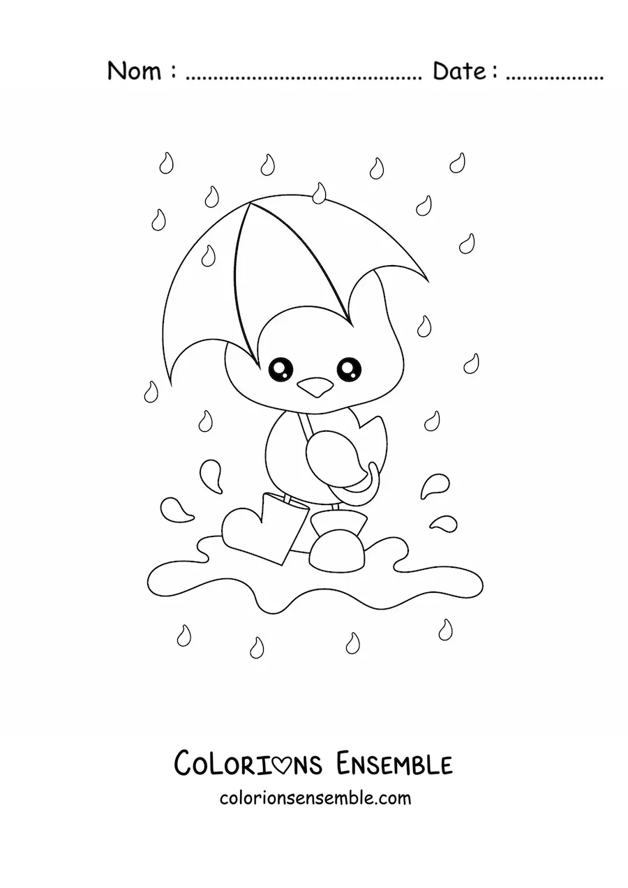 Dessin à colorier d’un poussin kawaii sous la pluie de printemps.