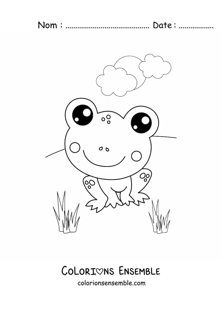 Dessin à colorier d’une grenouille kawaii souriante par une belle journée de printemps.