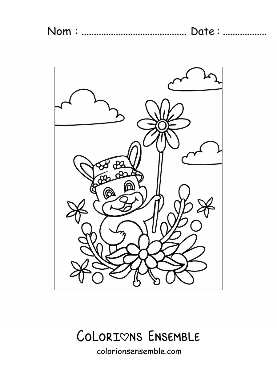 Dessin à colorier d’un lapin rigolo tenant plusieurs fleurs.