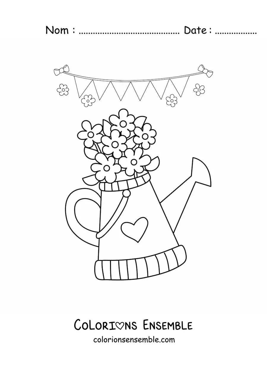 Dessin à colorier d’un arrosoir de jardin avec des fleurs de printemps.