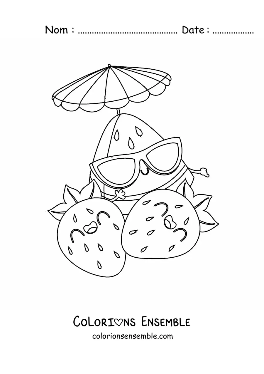 Dessin à colorier de deux fraises et d’une pastèque rigolote avec des lunettes de soleil.