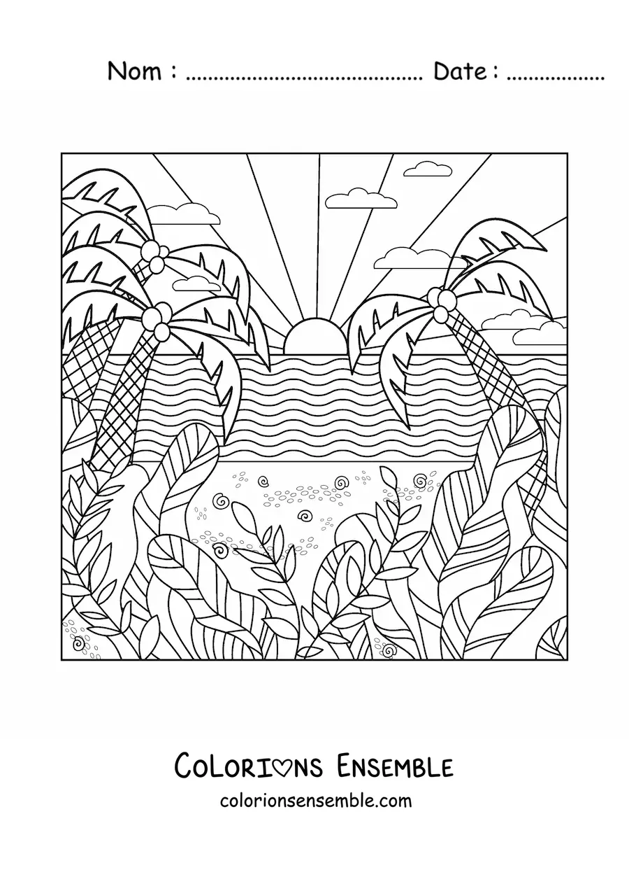 Dessin à colorier d’un paysage par temps estival.