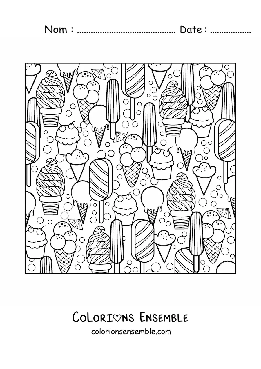 Dessin à colorier de plusieurs glaces d’été.
