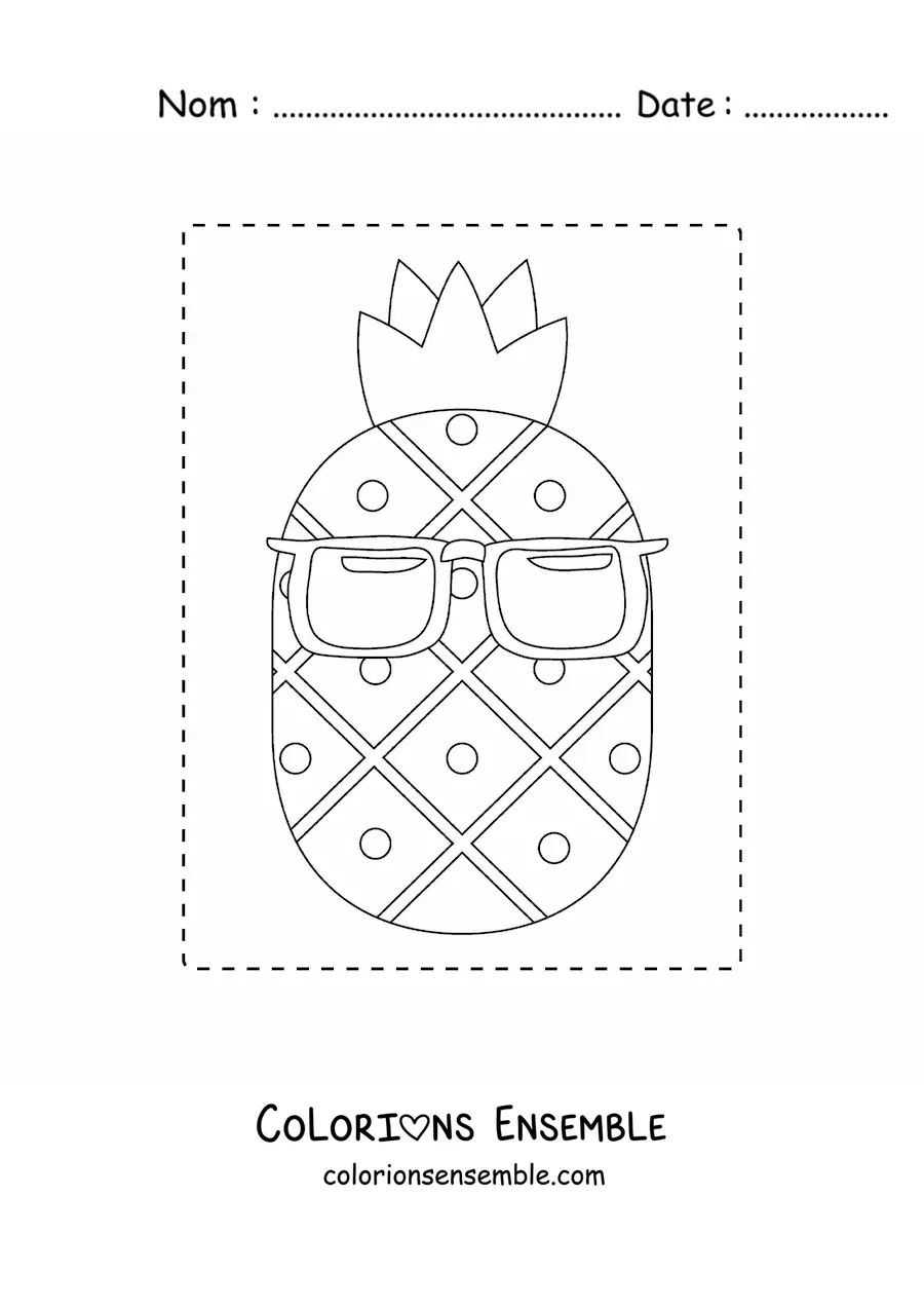 Dessin à colorier d’un ananas portant des lunettes de soleil.
