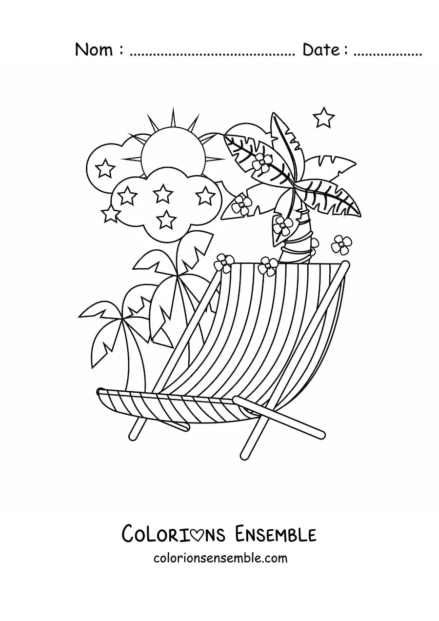 Dessin à colorier d’une chaise de plage et d’un paysage d’été.