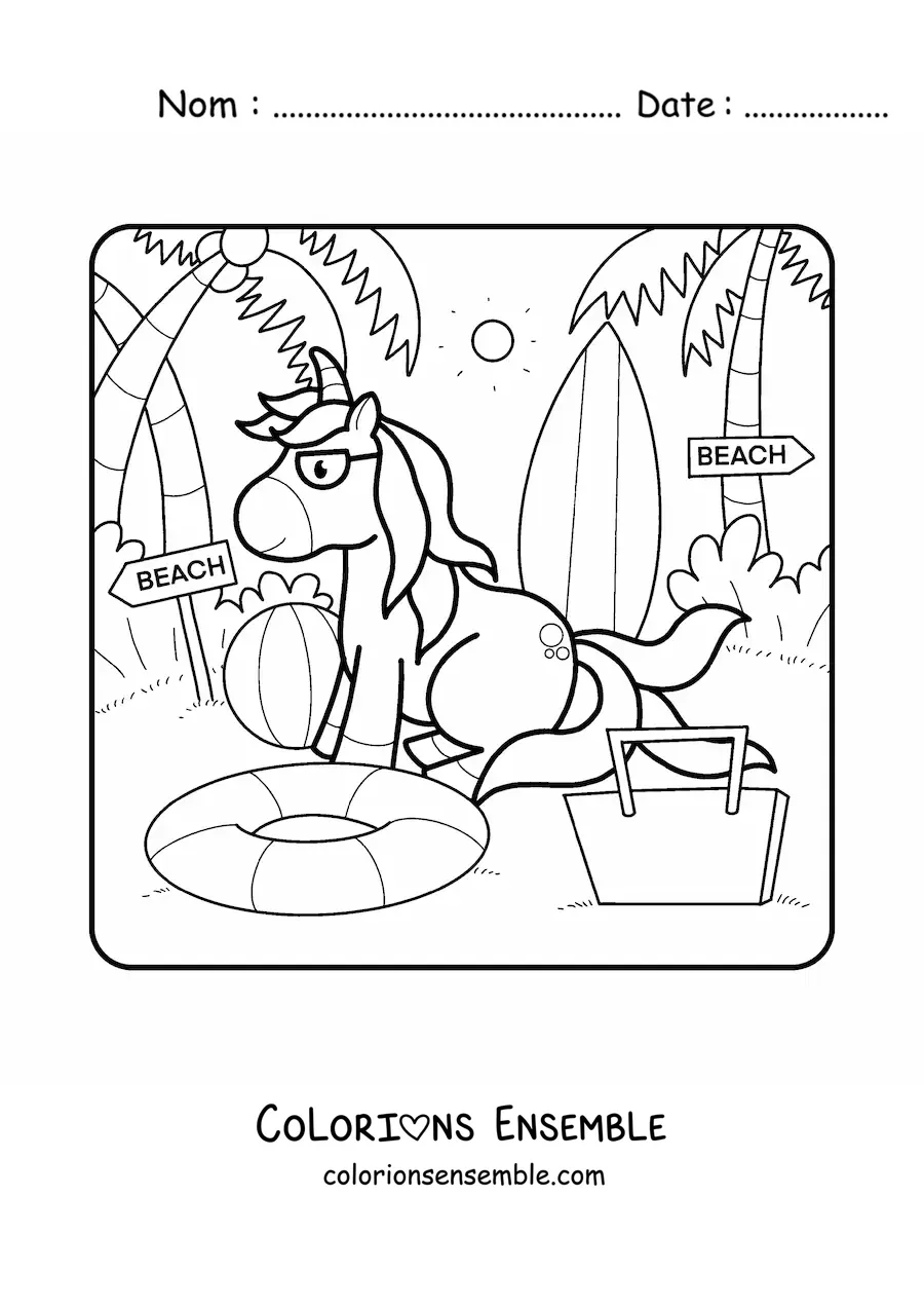 Dessin à colorier d’une licorne en vacances d’été.