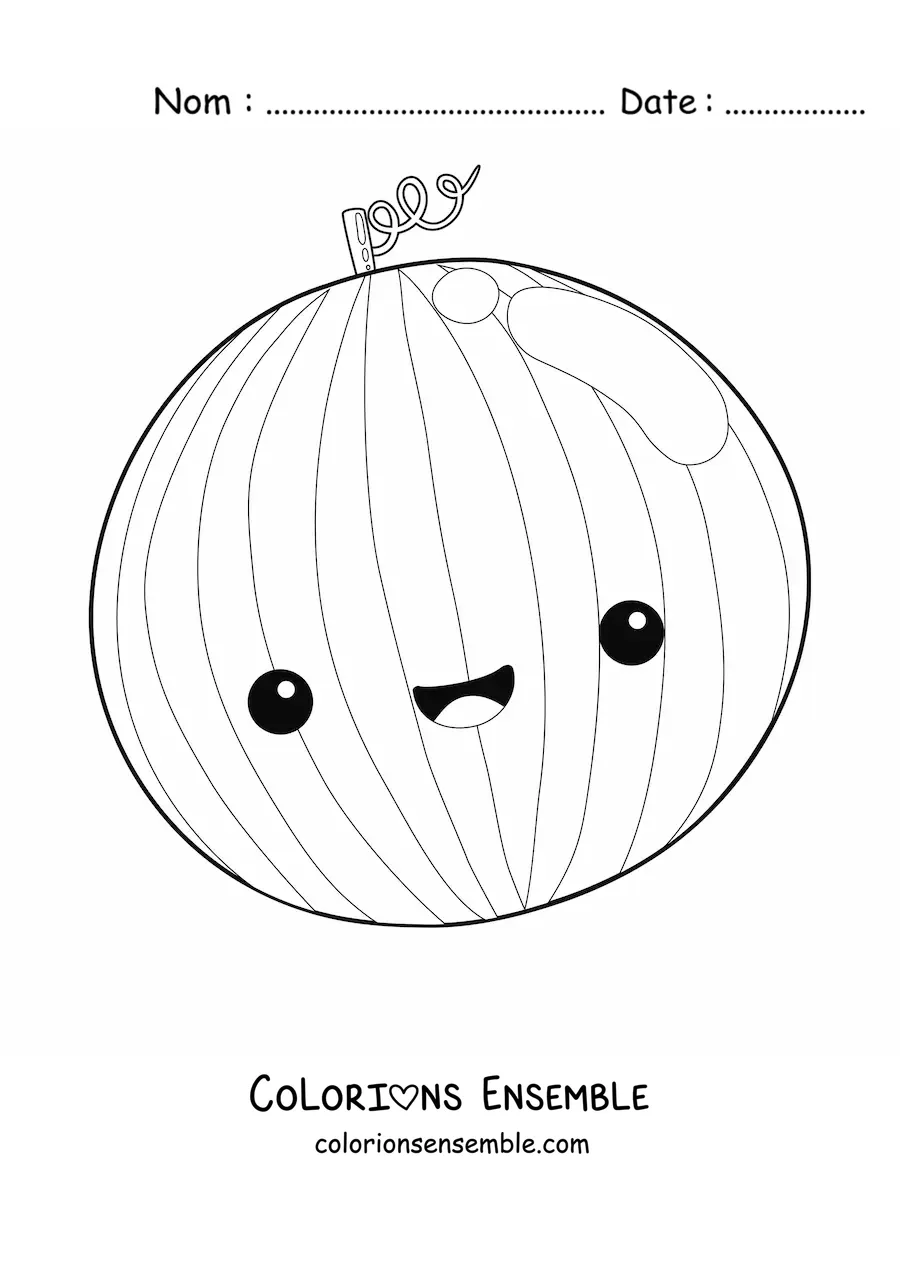 Image à colorier d’une pastèque entière kawaii toute joyeuse