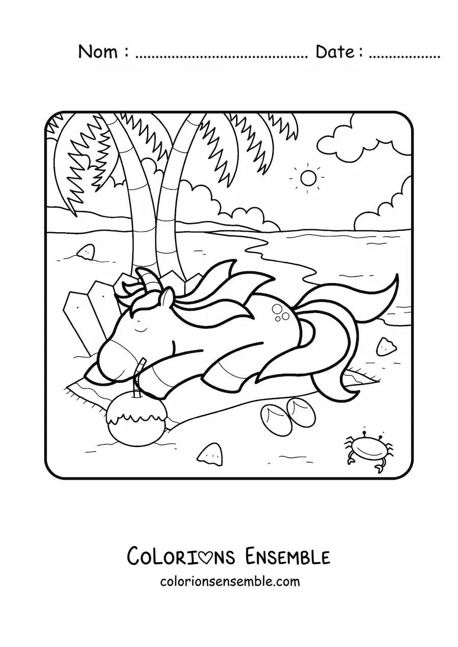 Dessin à colorier d’une licorne qui se repose sur une plage.
