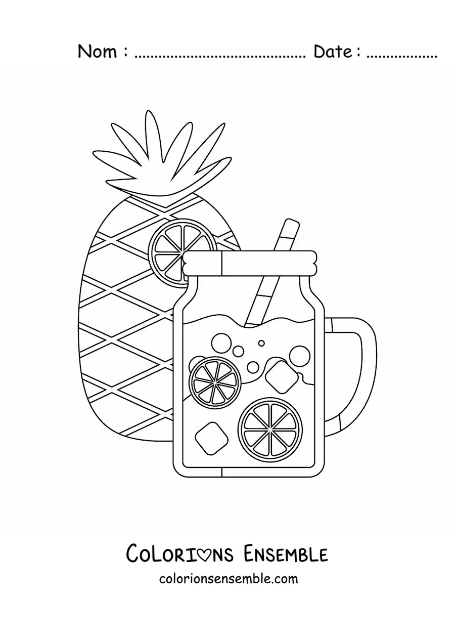 Dessin à colorier d’un ananas et d’une boisson rafraîchissante.