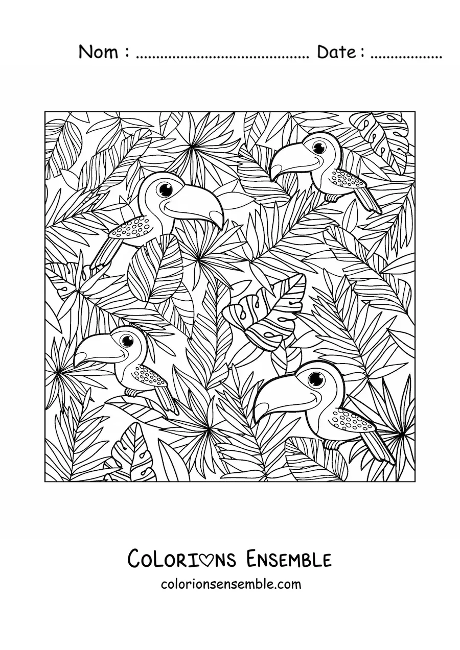 Dessin à colorier de plusieurs toucans kawaii en été.
