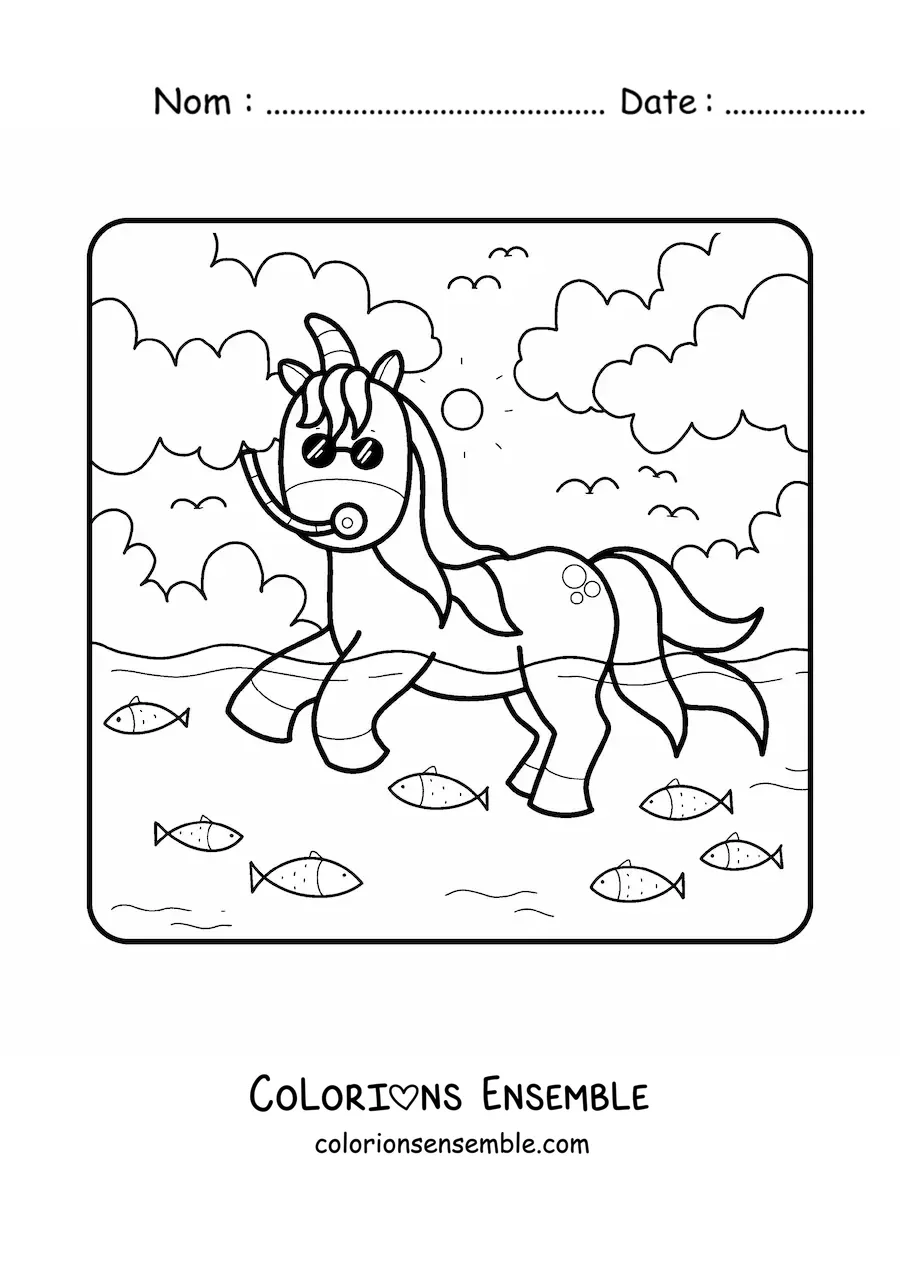 Dessin à colorier d’une licorne à la mer en été.