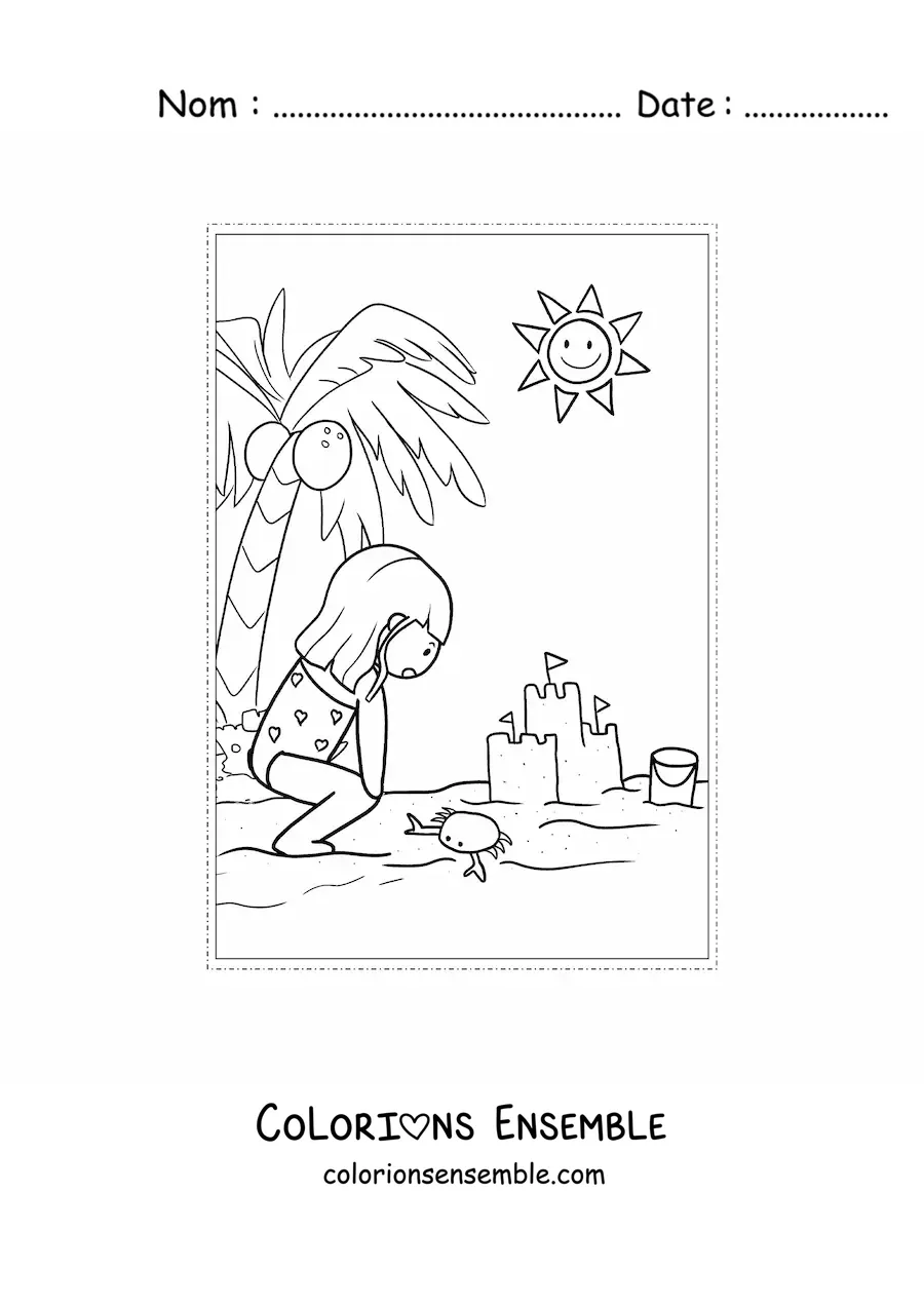 Dessin à colorier d’une petite fille en vacances à la plage.
