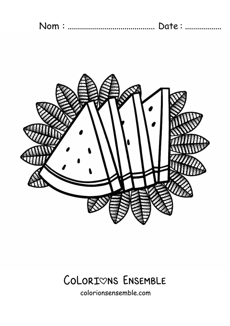 Dessin à colorier de plusieurs parts de pastèque d’été.