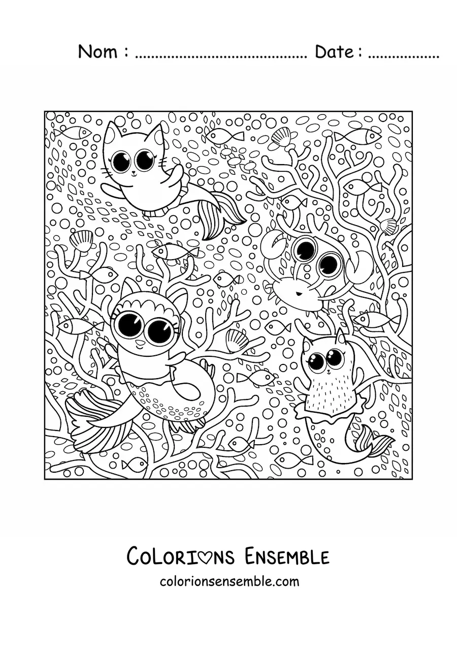 Dessin à colorier de plusieurs animaux kawaii en été.