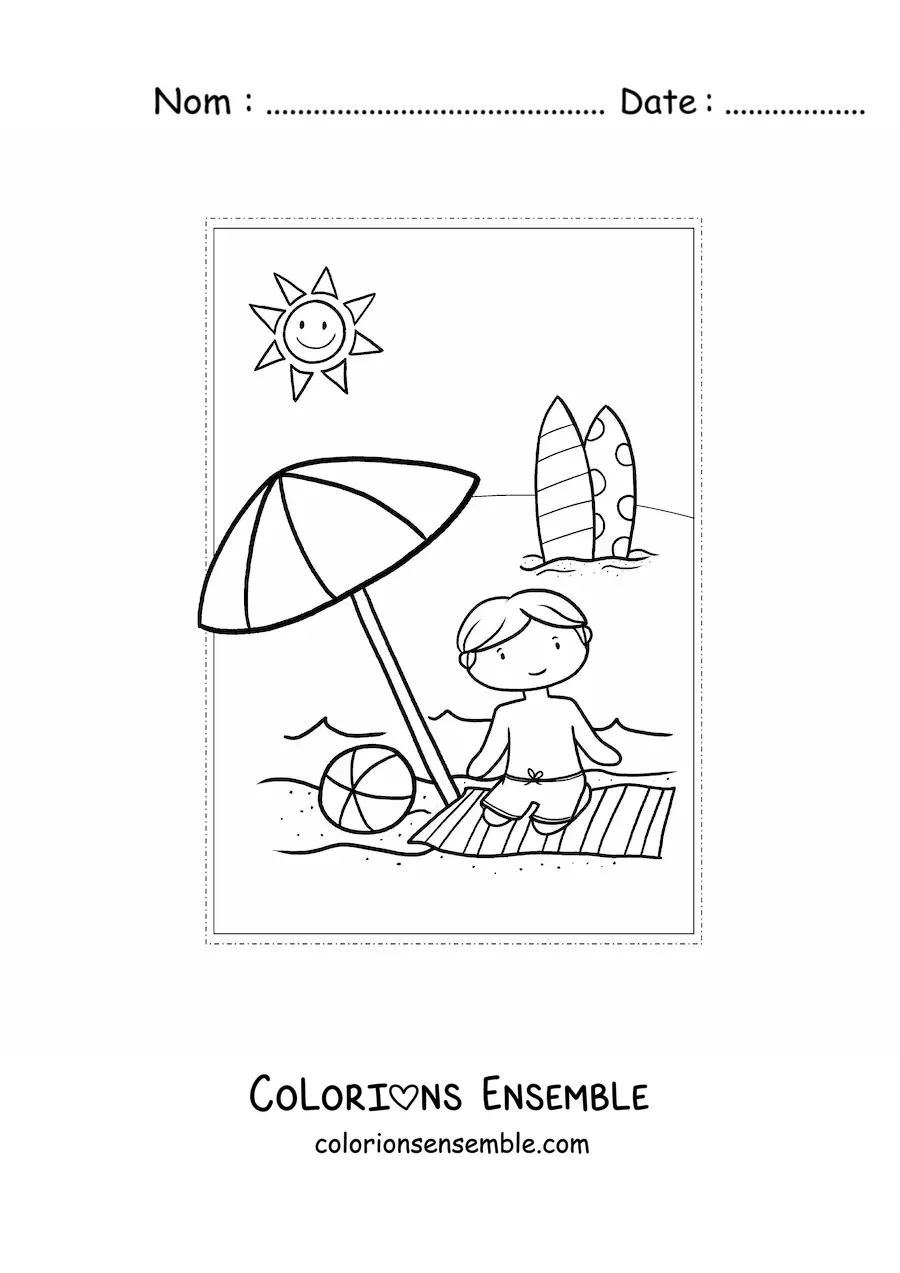 Dessin à colorier d’un enfant en vacances d’été.