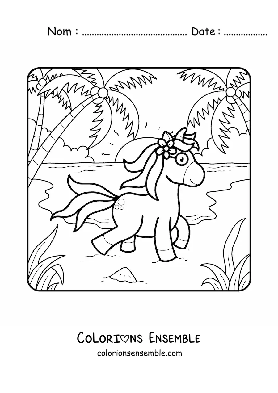 Dessin à colorier d’une licorne en promenade en été.