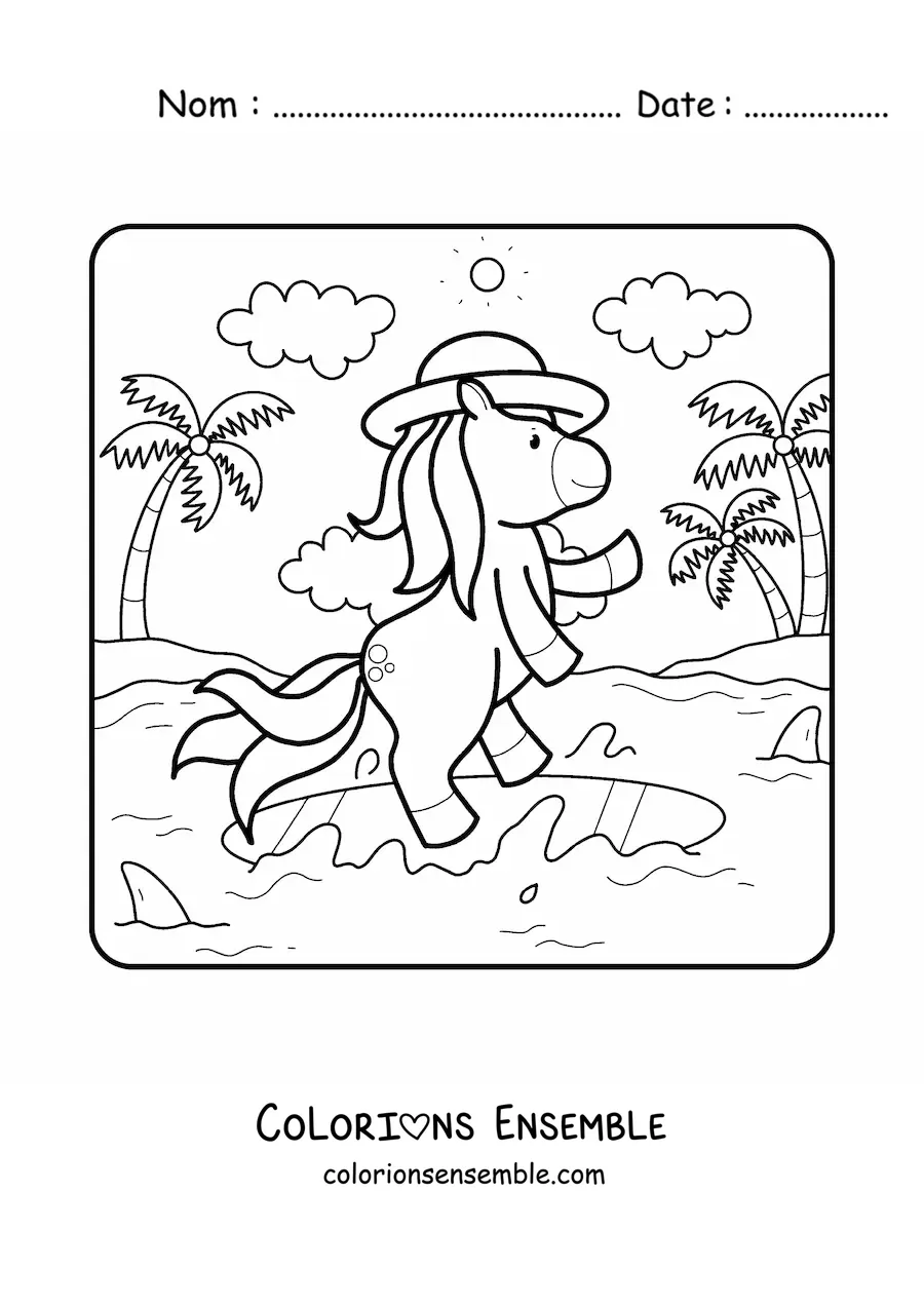 Dessin à colorier d’une licorne dans un paysage d’été.