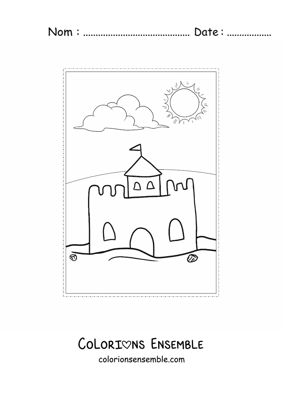 Dessin à colorier d’un château de sable en été.