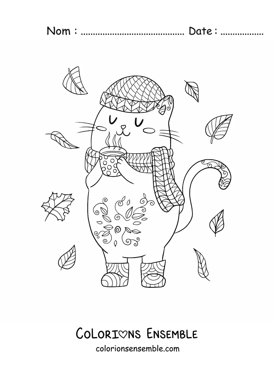 Dessin à colorier d’un chat rigolo en automne.
