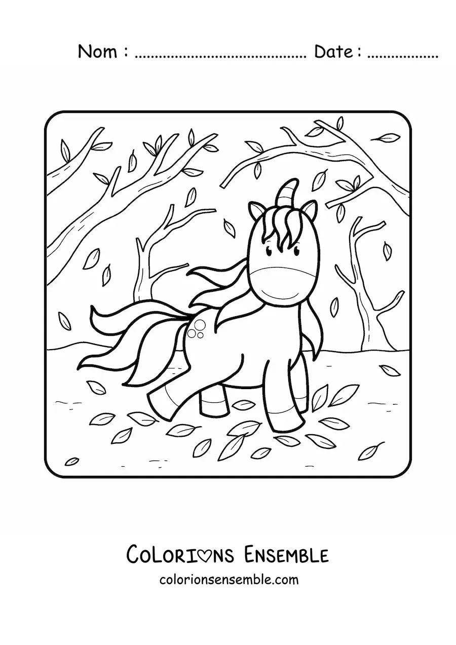 Dessin à colorier d’une licorne kawaii en automne.