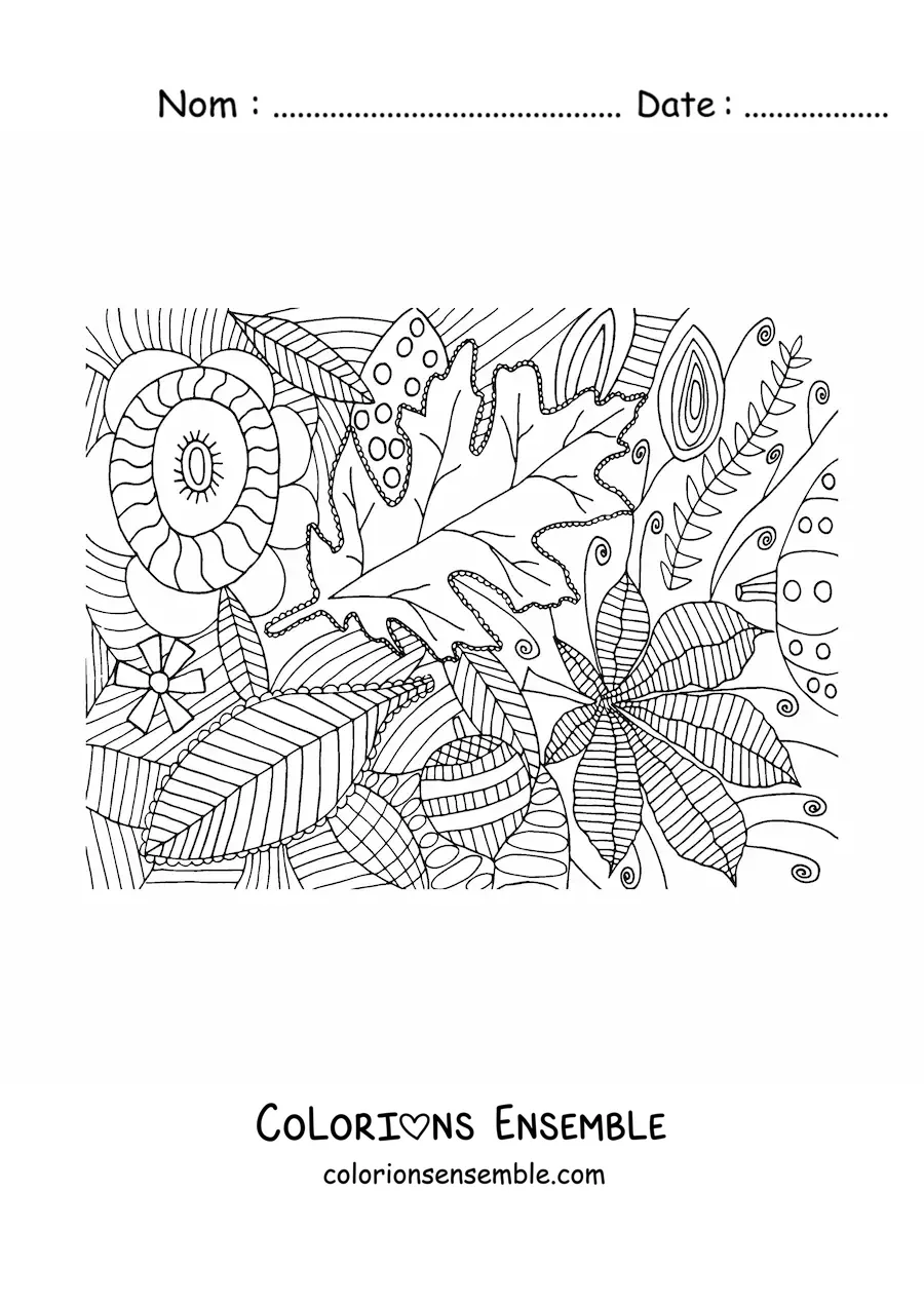 Dessin à colorier de plusieurs feuilles d’automne.