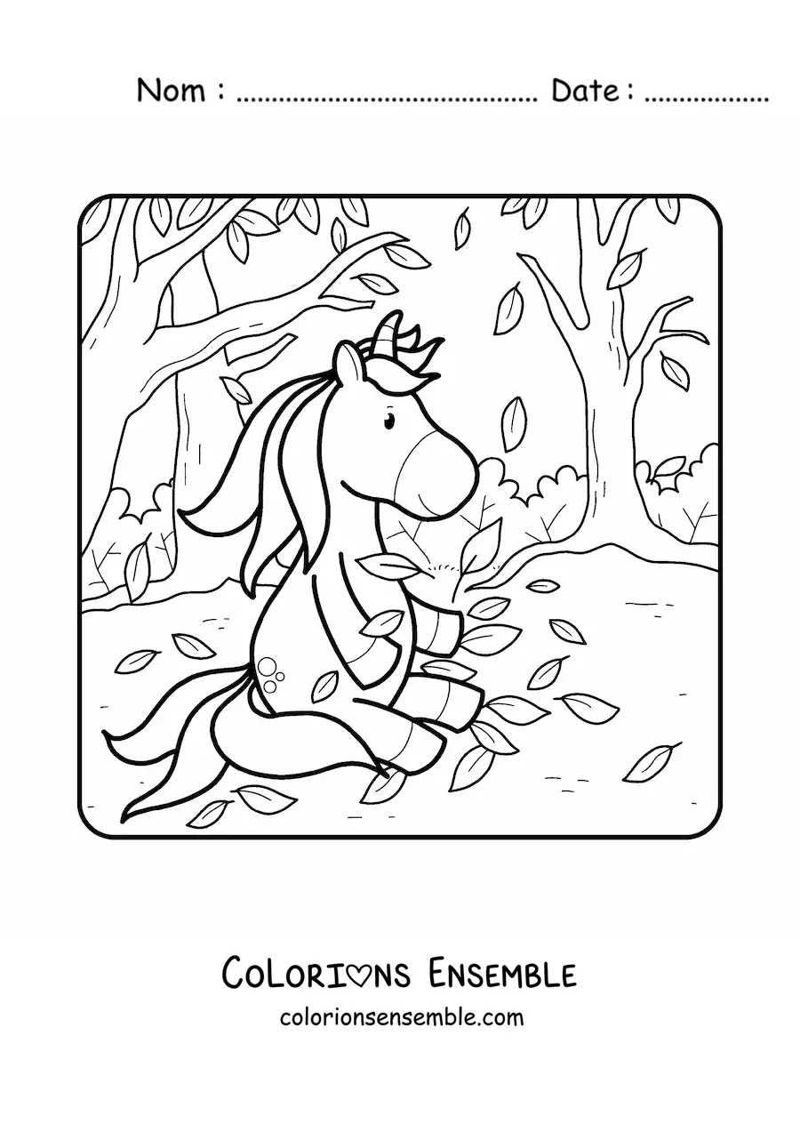 Dessin à colorier d’une licorne qui joue avec des feuilles d’automne.